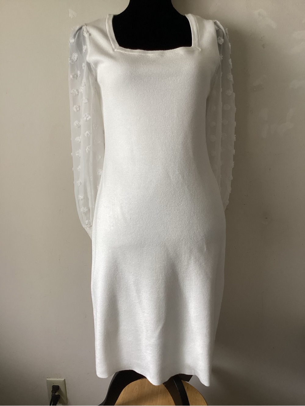 Nina Leonard Elegant White Square-Neck Dress with Sheer Puff Sleeves